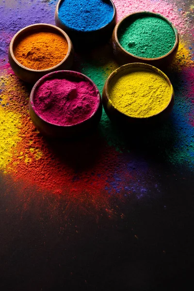 Close Multi Coloured Powder Bowls Copy Space Black Background Holi — Photo