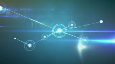 Animation of network of connections over blue light trails against green background. Global networking and business technology concept