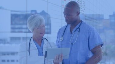 Animation of scope with data processing over diverse doctors using tablet. Global medicine, computing and data processing concept digitally generated video.