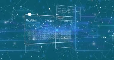 Animation of network of connections and interfaces with data processing against blue background. Global networking and business interface technology concept