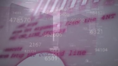 Animation of changing number over graphs and computer language against buildings in background. Digital composite, multiple exposure, report, business, coding, machine learning and technology.