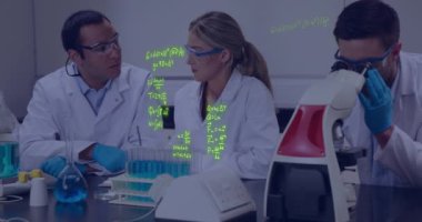 Animation of scientific data processing over caucasian scientists in laboratory. Global science, computing and data processing concept digitally generated video.