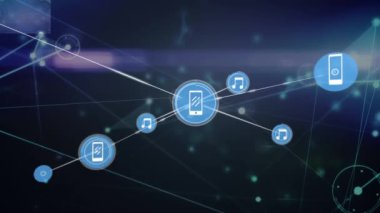 Animation of network of digital icons against light trails on blue background. Global networking and business technology concept