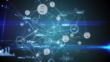 Animation of network of digital icons and data processing against green background. Global networking and business technology concept