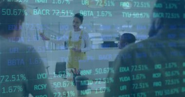 Animation of financial data processing over diverse business people. Global business, finances, computing and data processing concept digitally generated video.