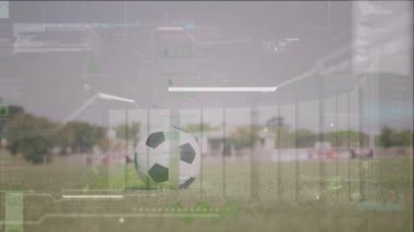 Animation of digital screen with data over legs of caucasian woman kicking soccer ball. Soccer, sport, finance and technology concept digitally generated video.