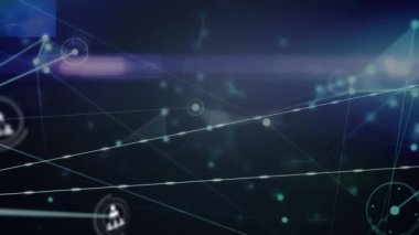 Animation of network of connections and profile icons against light trails on blue background. Global networking and business technology concept