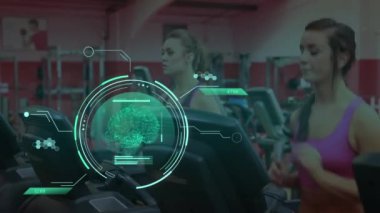 Animation of data processing over caucasian women running on treadmill exercising in gym. Global sports, science, computing, digital interface and data processing concept digitally generated video.