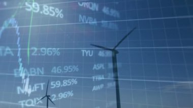 Animation of financial and stock market data processing over spinning windmills against blue sky. Global finance and renewable energy technology concept