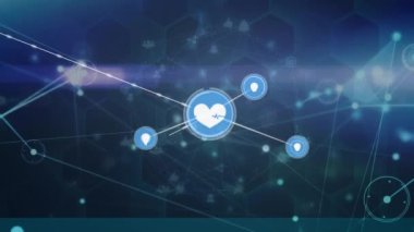 Animation of icons and dots connected by lines and connecting icons forming globe on blue background. Digitally generated, hologram, communication, globalization and technology concept.