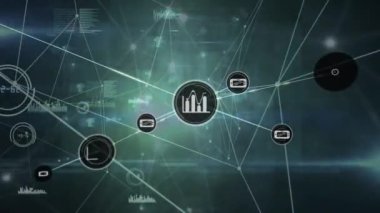 Gri arkaplan üzerinde dijital simge ve veri işleme ağının animasyonu. Küresel ağ ve iş teknolojisi kavramı