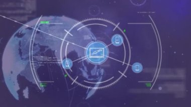 Animation of network of digital icons against light trails over spinning globe on purple background. Global networking and business technology concept