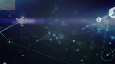 Animation of network of connections and profile icons against light trail on blue background. Global networking and business technology concept