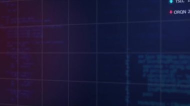 Animation of statistical and stock market data processing over grid network against blue background. Global economy and business data technology concept