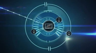 Animation of network of digital icons over round scanner and light trails against blue background. Global networking and business technology concept