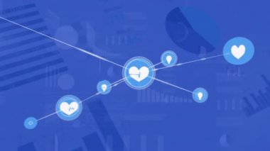 Animation of network of digital icons over statistical data processing against blue background. Global networking and business data technology concept