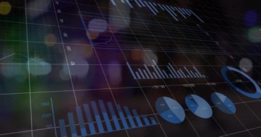 Animation of data processing with statistics over grid. Global business, finances, computing and data processing concept digitally generated video.