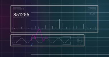 Animation of interface with statistical data processing against green background. Computer interface and business data technology concept
