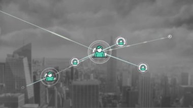Animation of network of profile icons against aerial view of cityscape. Global networking and business technology concept