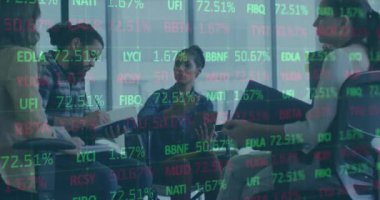 Animation of financial data processing over diverse business people. Global business, finances, computing and data processing concept digitally generated video.