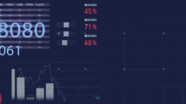 Animation of multiple changing numbers over statistical data processing against blue background. Business data technology concept