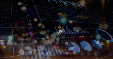 Animation of data processing with statistics over grid. Global business, finances, computing and data processing concept digitally generated video.