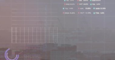 Animation of financial and stock data over foggy cityscape. Global finance, business and technology concept digitally generated video.