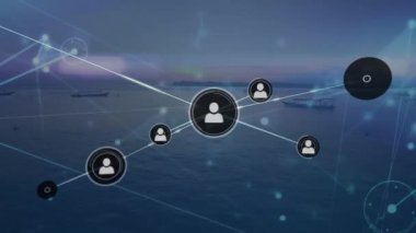 Animation of network of digital icons against aerial view of boats in the sea and sunset sky. Global networking and business technology concept