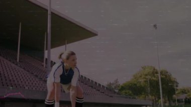 Animation of digital screen with financial data over caucasian woman with soccer ball. Soccer, sport, finance and technology concept digitally generated video.