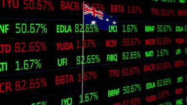 Animation of financial data processing over flag of australia. Global business, finances, computing and data processing concept digitally generated video.