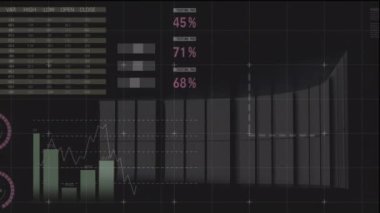 Animation of statistical data processing over grid network against grey background. Business data technology concept