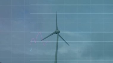 Animation of statistical data processing over spinning windmill against grey sky. Renewable energy and business data technology concept