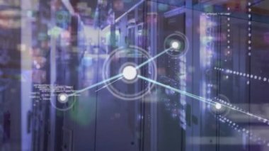 Animation of connected dots and programming language over illuminated server room. Digital composite, multiple exposure, communication, coding, technology and network server concept.