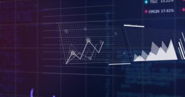 Animation of statistical and stock market data processing against blue background. Global economy and business data technology concept