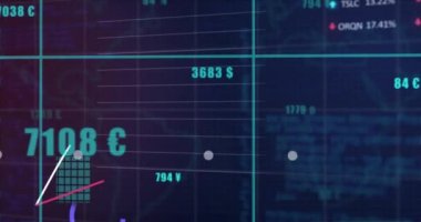 Animation of statistical and stock market data processing against blue background. Global economy and business data technology concept