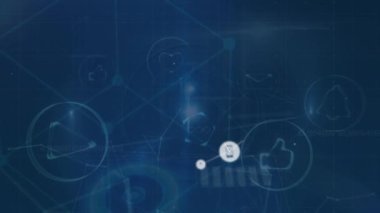 Animation of network of digital icons against screens with data processing on blue background. Global networking and business technology concept