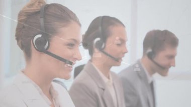 Animation of network of profile icons over female customer care executive talking on phone headset. Global networking and business technology concept