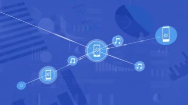 Animation of network of digital icons over statistical data processing against blue background. Global networking and business data technology concept