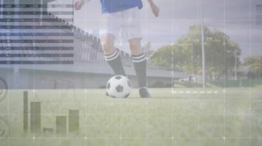 Animation of digital screen with data over legs of caucasian woman kicking soccer ball. Soccer, sport, finance and technology concept digitally generated video.