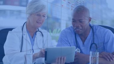 Animation of scope with data processing over diverse doctors using tablet. Global medicine, computing and data processing concept digitally generated video.