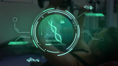 Animation of data processing over caucasian woman exercising in gym. Global sports, science, computing, digital interface and data processing concept digitally generated video.