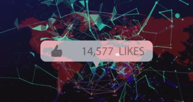 Animation of like icon with increasing numbers over plexus networks against world map. Social media networking and business technology concept
