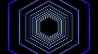 Animation of glowing light and hexagon neon tunnel. Light, pattern, computing and data processing concept digitally generated video.