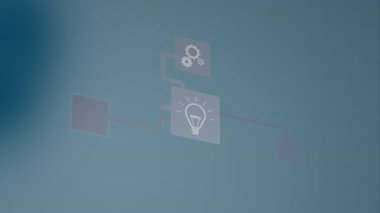 Animation of network of digital icons against blue blurred background. Global networking and business technology concept