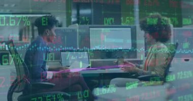 Animation of financial data processing over diverse businesswomen. Global business, finances, computing and data processing concept digitally generated video.