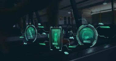 Animation of data processing over caucasian man on treadmill, exercising in gym. Global sports, science, computing, digital interface and data processing concept digitally generated video.