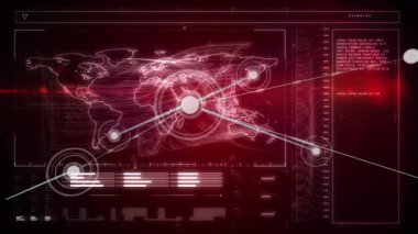 Animation of network of connections over interface with data processing against red background. Global networking and business interface technology concept