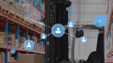Animation of network of connections with icons over forklift in warehouse. Global shipping, business, finances, computing and data processing concept digitally generated video.
