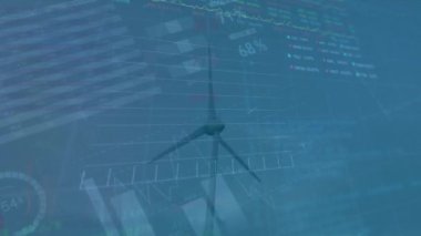 Mavi gökyüzüne karşı dönen yel değirmeninin üzerinde işlenen istatistiksel ve borsa verilerinin animasyonu. Küresel ekonomi ve yenilenebilir enerji teknolojisi kavramı