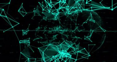 Animation of data processing over glowing green plexus networks against black background. Global networking and business technology concept